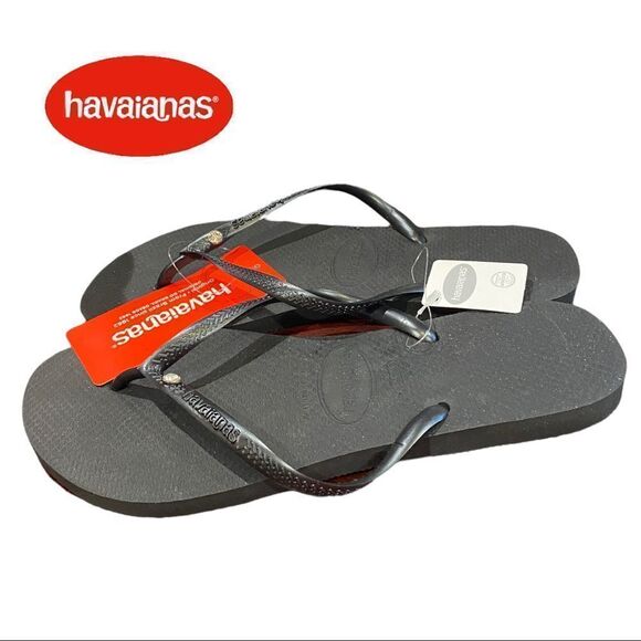 NEW Havaianas Slim Black Diamond Crystal Charm Flip Flops 6 11/12 - Picture 2 of 5